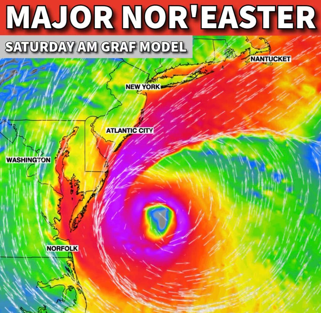 First Major Nor’easter of the Season to Batter the East Coast This Saturday With 90 MPH Gusts and 30 Foot Seas Offshore