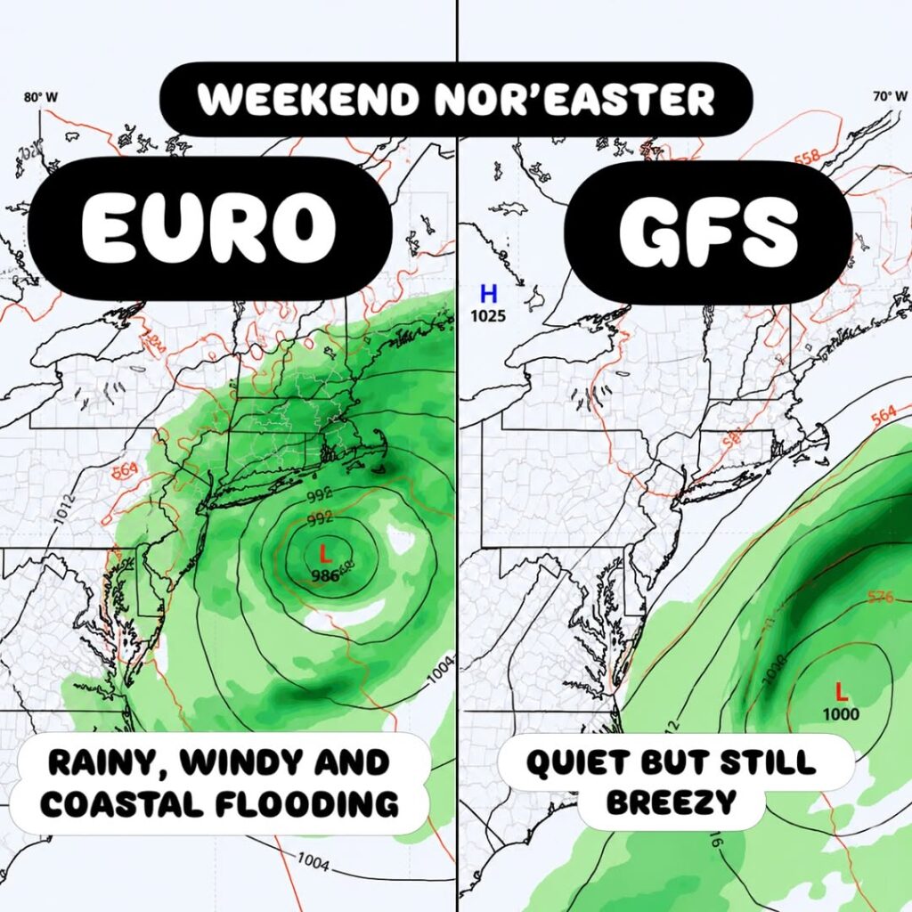 Weekend Nor’easter Forecast Splits Models With European Guidance Showing Heavy Rain High Wind and Coastal Flooding for New Jersey and New York