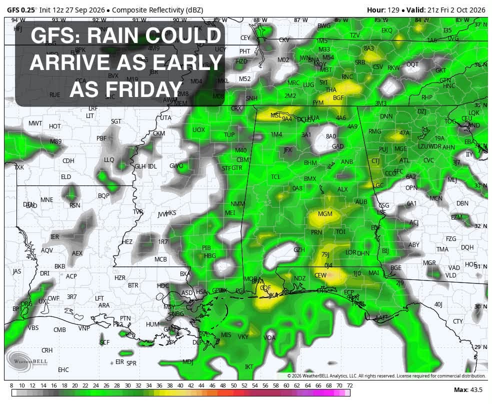 Cold Front Brings Rain Chances to Alabama Mississippi and Georgia by Next Weekend as Another Surge of Cooler Air Arrives Around October 6