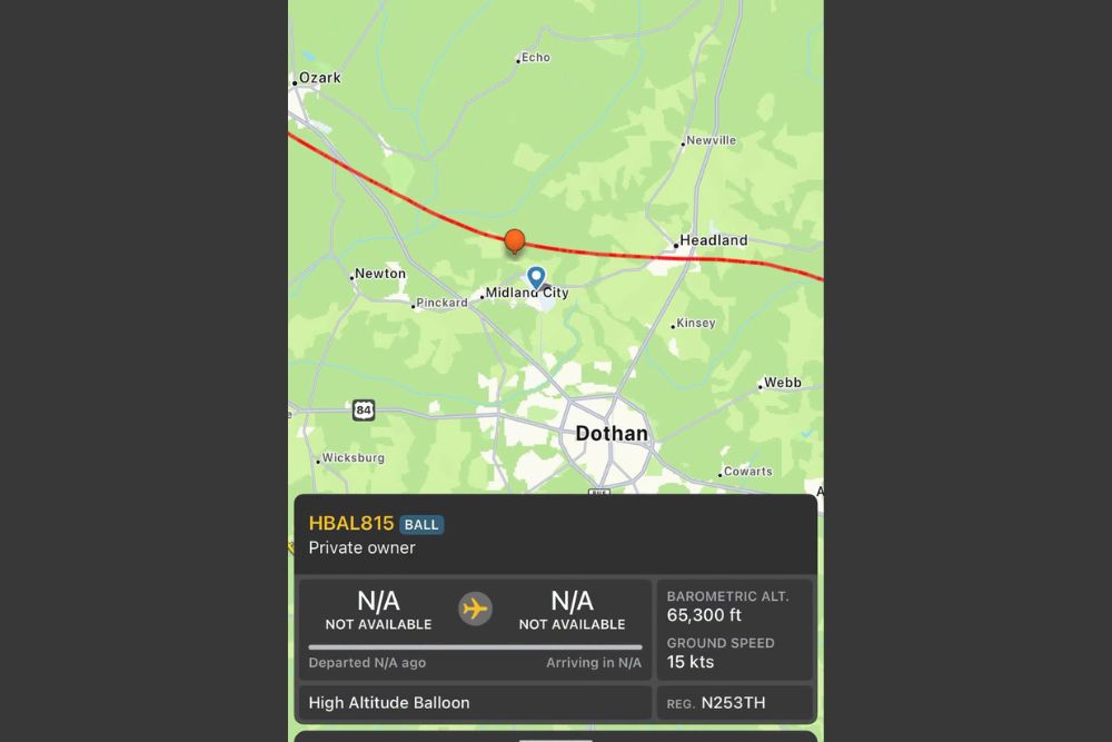 A Mysterious Object Spotted Over Southeast Alabama Tonight Turns Out to Be High Altitude Balloon HBAL815 Flying Near Dothan at 65000 Feet