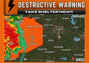 Destructive Thunderstorm Warning Issued for Northeast Kansas as a Dangerous Storm With 80 MPH Winds and Quarter Size Hail Tracks Toward Topeka