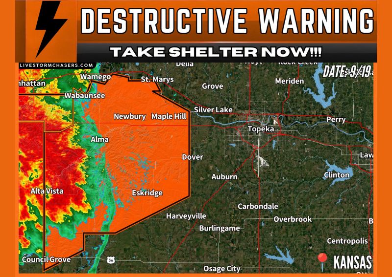 Destructive Thunderstorm Warning Issued for Northeast Kansas as a Dangerous Storm With 80 MPH Winds and Quarter Size Hail Tracks Toward Topeka