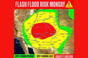 Level 3 Flash Flood Risk Rises Across the Southwest Monday as Tropical Moisture From Hurricanes Odalys and Polo Surges North Into Arizona
