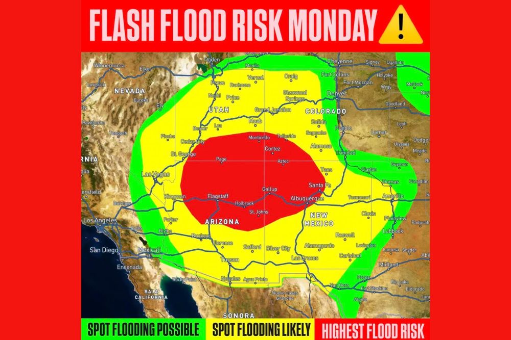 Level 3 Flash Flood Risk Rises Across the Southwest Monday as Tropical Moisture From Hurricanes Odalys and Polo Surges North Into Arizona