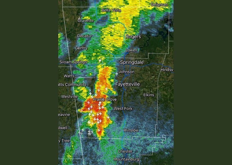 Loud Thunderstorms Now Move Into NWA Tonight Near Both Fayetteville and Prairie Grove With Isolated Storms Also Possible In Arkansas Tomorrow Too