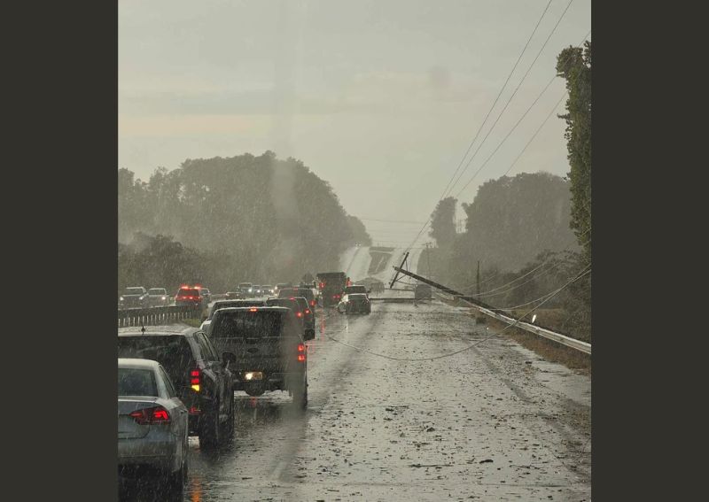 Microburst Wind Damage Downs Four Power Poles and Trees Near Elgin Alabama as Storm Moves East Toward Courtland and Coxey on Highway 72