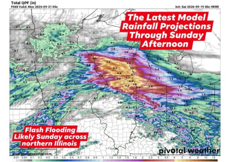 Multiple Rounds of Torrential Rain Bring Flash Flooding Threat to Northern Illinois With 4 to 6 Plus Inches Possible by Sunday Night