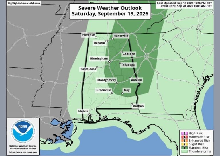 Near 100 Degree Heat and Marginal Severe Storm Risk Target Eastern Alabama This Saturday With Strong Winds and Lightning as Main Concerns