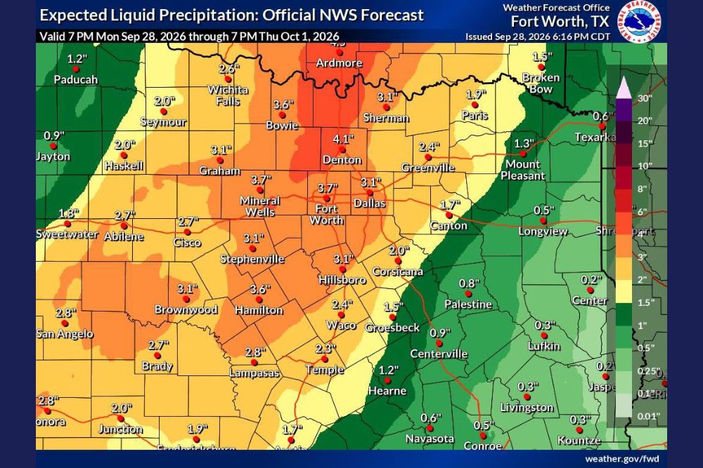 North Texas Faces 2 to 4 Inches of Rain Through Thursday as Training Storms Could Push Local Totals Near Dallas and Denton Even Higher