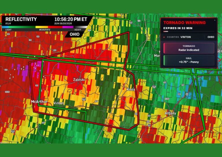 Radar Indicated Tornado Warning Issued for Zaleski Ohio and Vinton County as Penny Size Hail Also Threatens the Rural Area Sunday Night