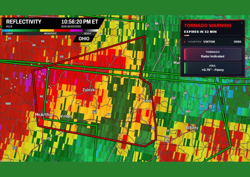Radar Indicated Tornado Warning Issued for Zaleski Ohio and Vinton County as Penny Size Hail Also Threatens the Rural Area Sunday Night