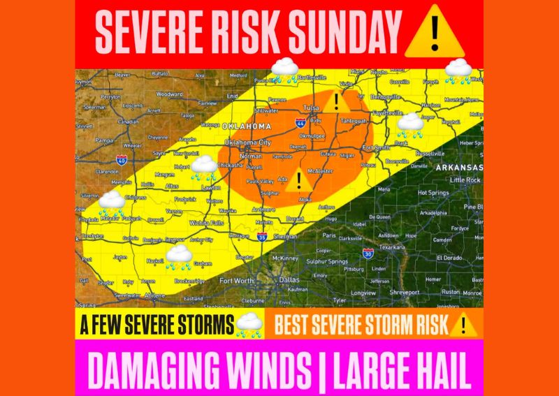 Severe Storms Bring Damaging Wind and Large Hail Risk to Oklahoma and North Texas This Sunday as a Cold Front Triggers Development