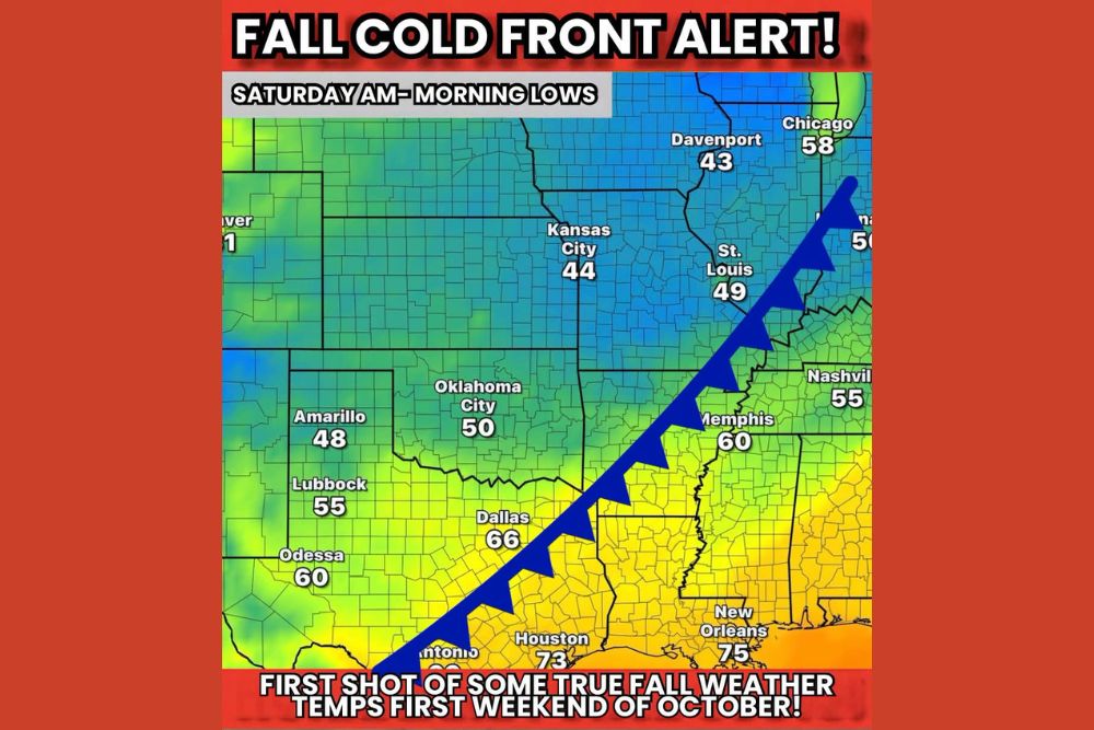 Strong Fall Cold Front Sweeps Texas Oklahoma Kansas Missouri and Illinois Next Weekend Dropping Saturday Morning Lows Into the Crisp 40s and 50s