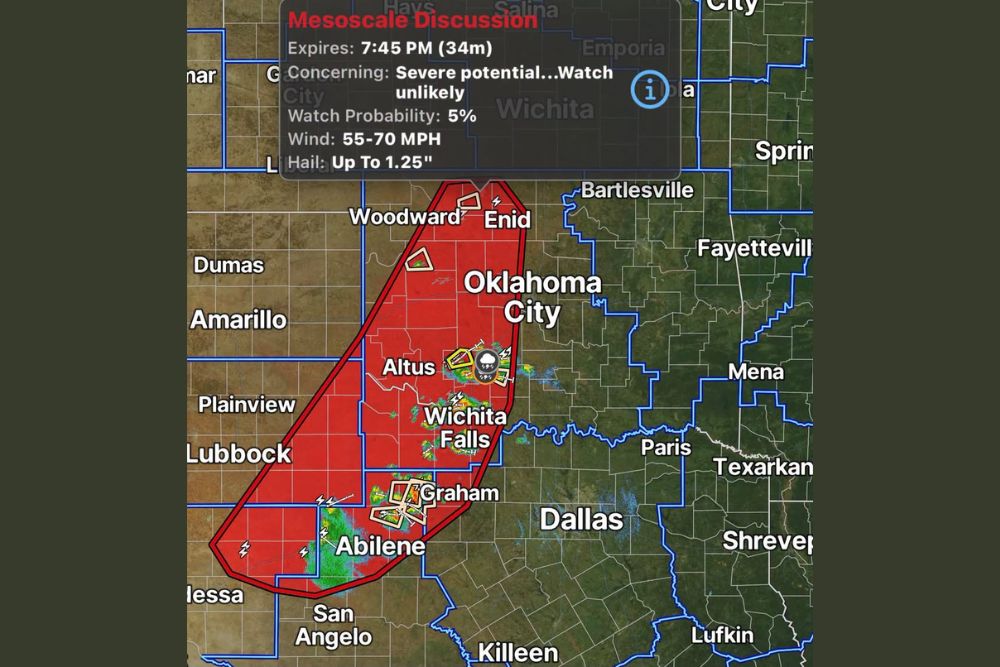 Strong Storms With Winds up to 70 MPH and Small Hail Possible From Abilene to Wichita Falls and Oklahoma City This Evening