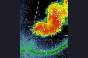 Strong Thunderstorm Moves South Toward Del Rio Texas With Very Small Hail Frequent Lightning and Wind Gusts Up to 40 MPH Near Laughlin AFB