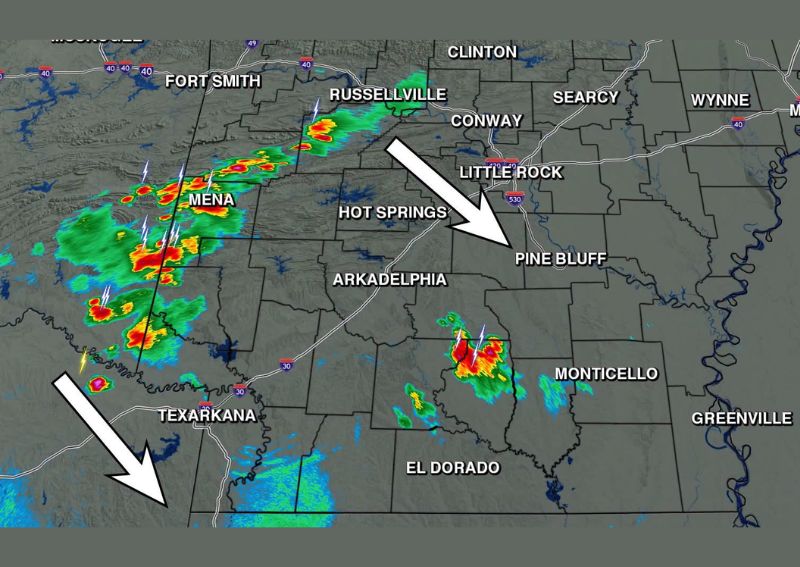 Strong Thunderstorms With Gusty Winds Slowly Drift Southeast Across Western Arkansas This Monday Evening From Mena to Little Rock and Pine Bluff
