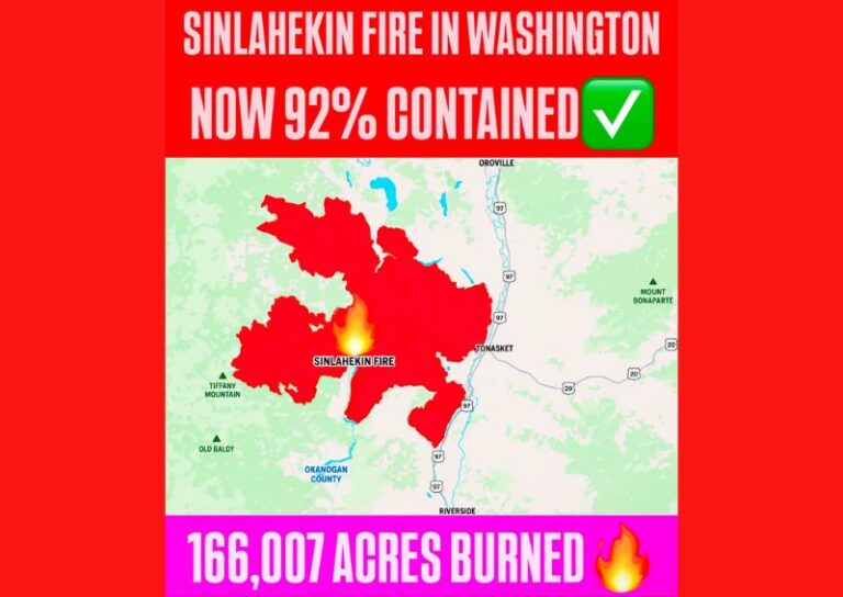 The Sinlahekin Fire in Washington State Jumps to 92 Percent Containment After Burning More Than 166000 Acres Near Tonasket in Okanogan County