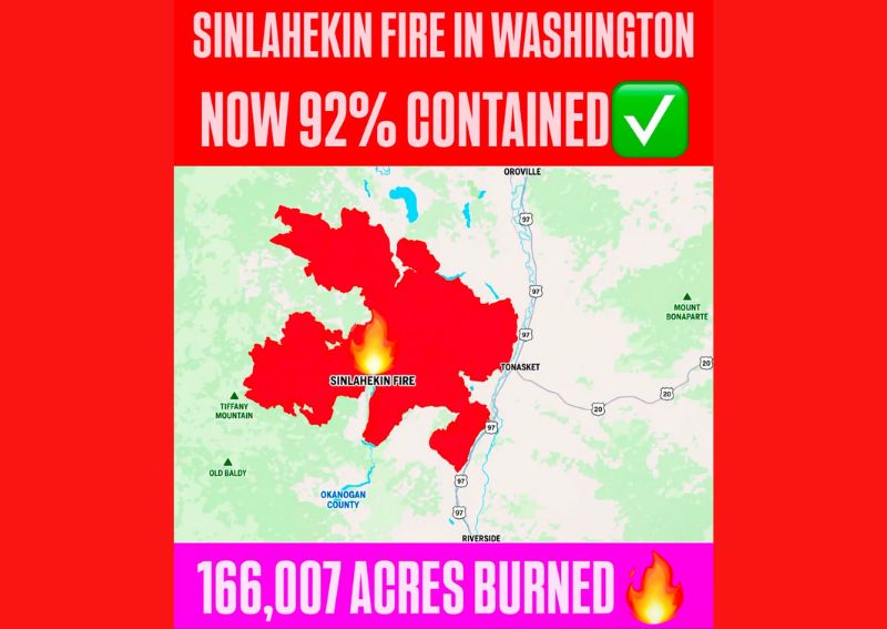 The Sinlahekin Fire in Washington State Jumps to 92 Percent Containment After Burning More Than 166000 Acres Near Tonasket in Okanogan County