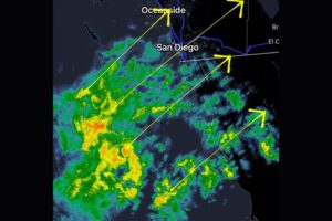 Tropical Rain Showers Near the Southern California Coast Tonight as Radar Tracks Bands Moving Northeast Toward San Diego Oceanside and El Cajon