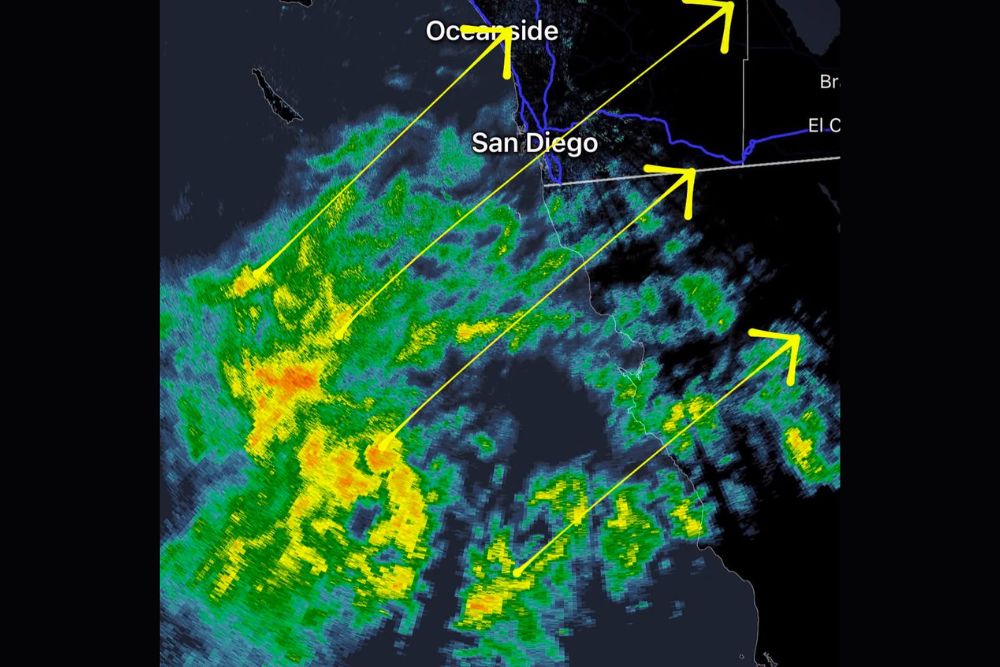 Tropical Rain Showers Near the Southern California Coast Tonight as Radar Tracks Bands Moving Northeast Toward San Diego Oceanside and El Cajon