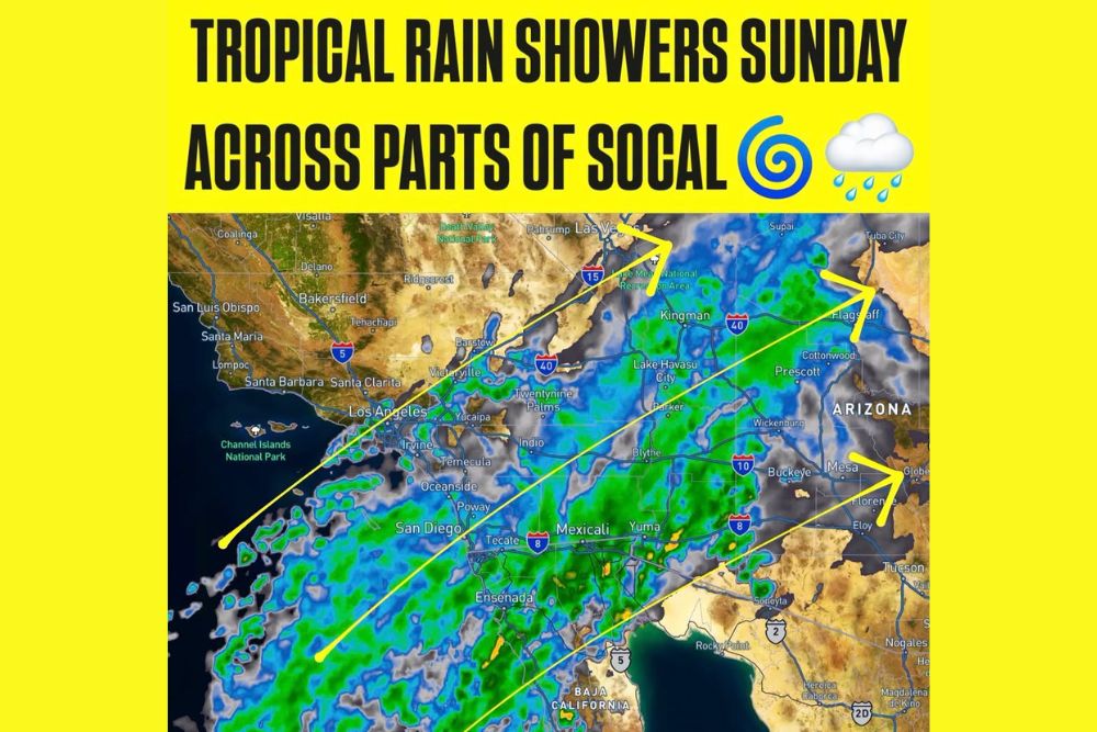 Tropical Showers Hit Southern California Sunday as Moisture From Hurricanes Polo and Odalys Brings Humid Air and Light Rain to Hills and Deserts