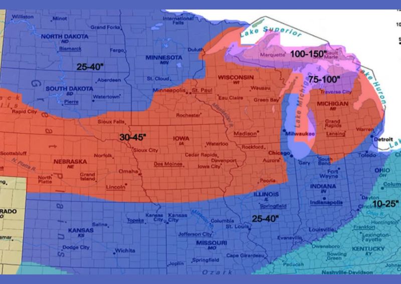 Winter Snowfall Outlook Calls for 30 to 45 Inches Along I-90 With Lake Effect Belts Near Lake Superior Seeing Over 100 Inches