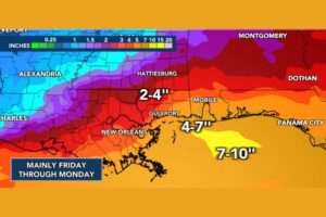Heavy Rain Shifts Offshore of South Mississippi as Gulfport and Mobile Face 2 to 7 Inches Through Monday With Flash Flooding Still Possible