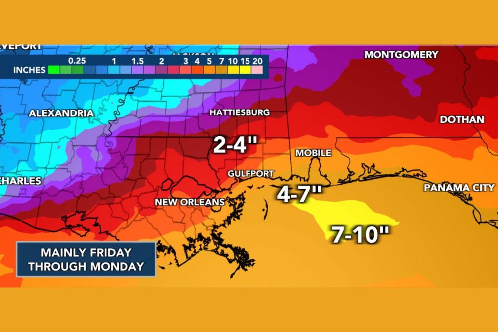Heavy Rain Shifts Offshore of South Mississippi as Gulfport and Mobile Face 2 to 7 Inches Through Monday With Flash Flooding Still Possible