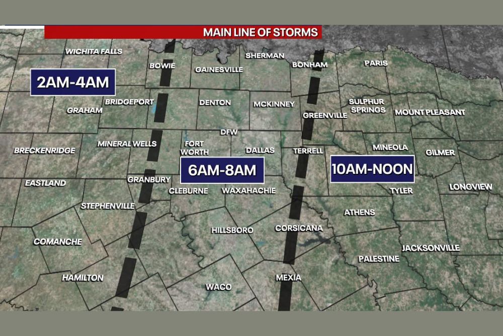 Storm Line Races Across North Texas With Dallas and Fort Worth Arrival Between 6 and 8 AM Before Reaching East Texas by Noon