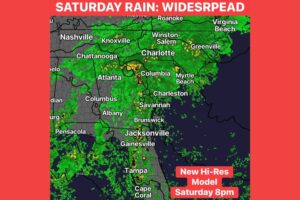 Widespread Saturday Rain Soaks South Carolina Georgia and North Carolina With 1 to 4 Inches Possible as Wet Weather Lingers Into Sunday