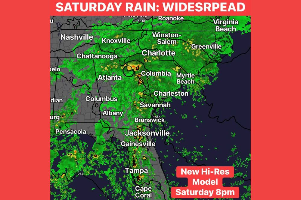 Widespread Saturday Rain Soaks South Carolina Georgia and North Carolina With 1 to 4 Inches Possible as Wet Weather Lingers Into Sunday