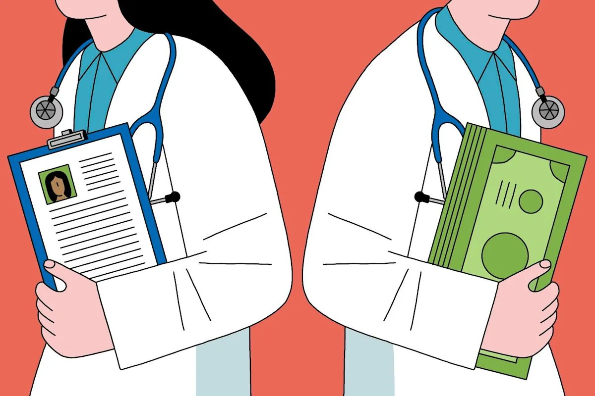 A doctor discusses medical billing and reimbursement charts in a hospital setting